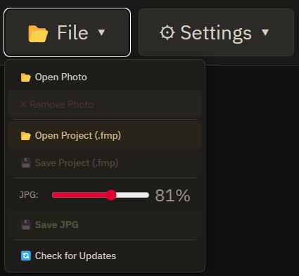 FieldMarker file menu showing Open Project, Save Project, JPG export with quality slider