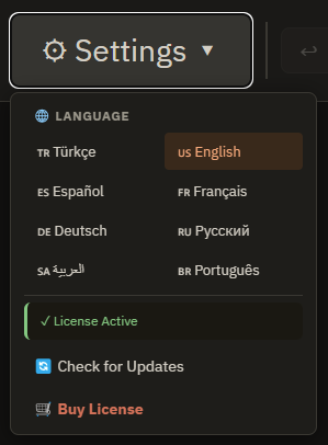 FieldMarker settings menu with 8 language options and license status