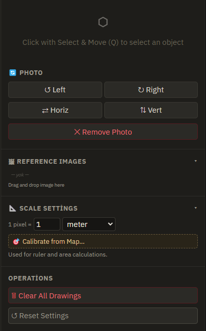 FieldMarker right panel showing photo rotation, scale calibration, and operations