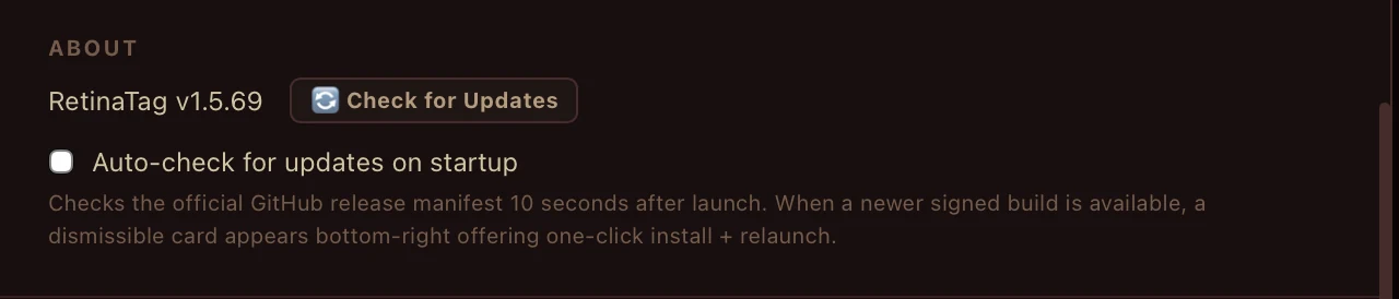RetinaTag's About panel showing version 1.5.69 with a Check for Updates button and an auto-check toggle