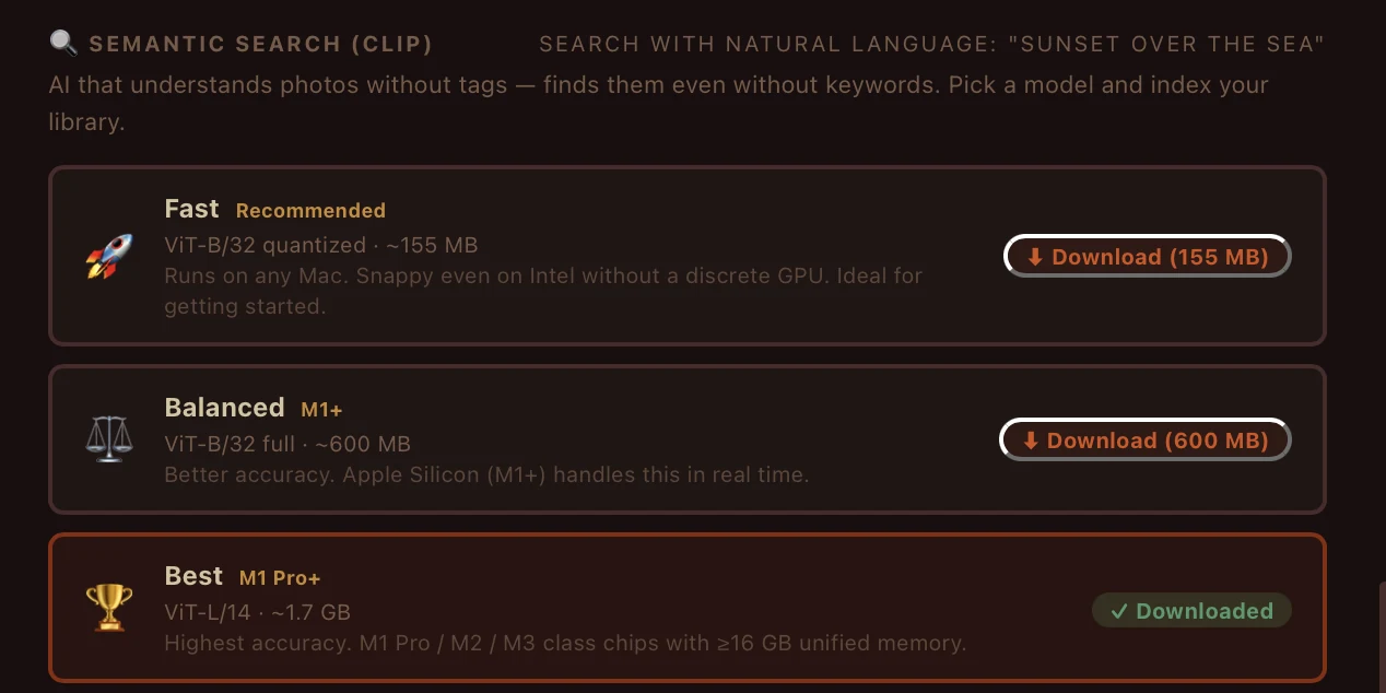 RetinaTag's CLIP semantic search panel — three model tiers (Fast 155 MB, Balanced 600 MB, Best 1.7 GB) with download buttons
