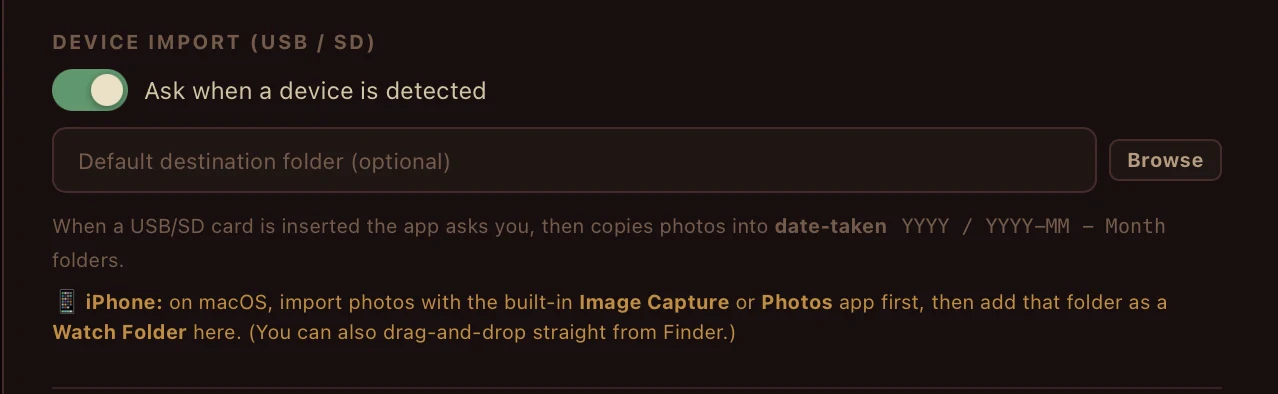 RetinaTag's Device Import settings — green toggle for 'Ask when a device is detected', destination folder picker with Browse button, instructions for iPhone via Image Capture