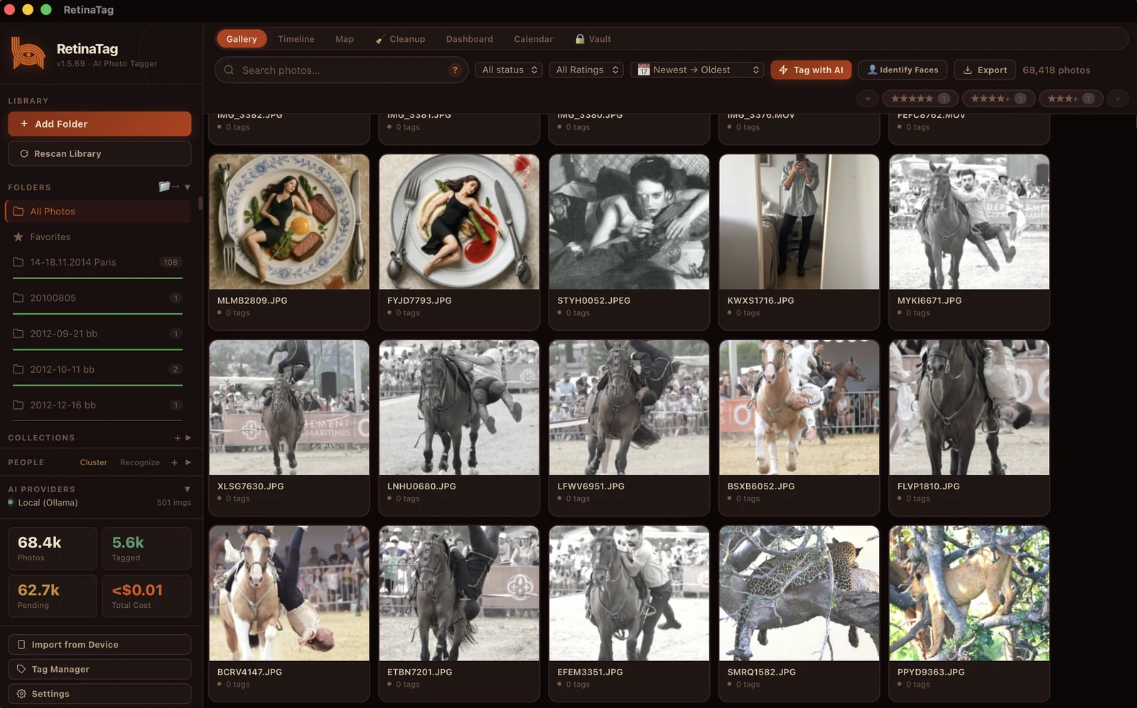 RetinaTag's main Gallery view — hundreds of thousands of photos in a grid with sidebar showing folders, AI providers, and stats