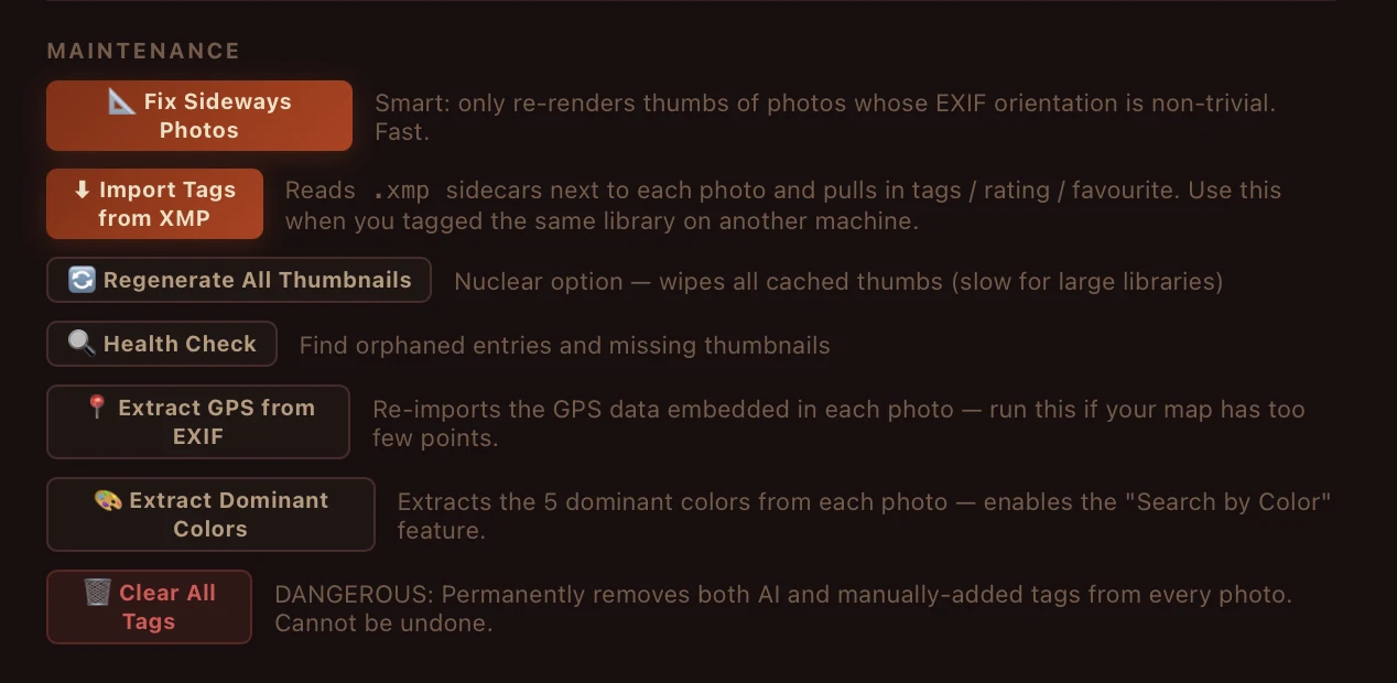 RetinaTag's Maintenance panel with seven buttons: Fix Sideways Photos, Import Tags from XMP, Regenerate All Thumbnails, Health Check, Extract GPS from EXIF, Extract Dominant Colors, Clear All Tags