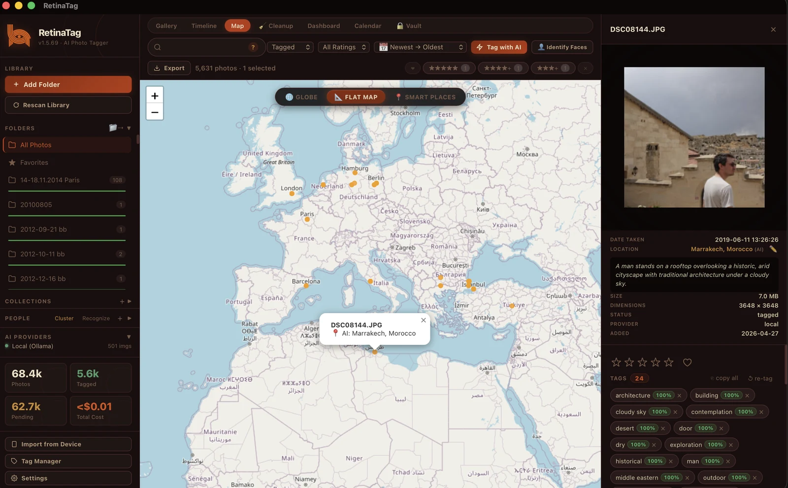RetinaTag's Map view showing photo pins across Europe, Africa, and Middle East — one selected pin shows a photo titled DSC08164.JPG taken in Marrakesh, Morocco with tags including architecture, building, contemplation, desert, dust
