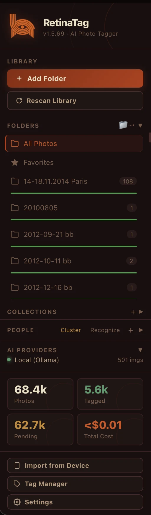 RetinaTag's left sidebar showing Add Folder button, folders list, Collections, People with Cluster/Recognize, AI Providers toggle, and live stats for photos / tagged / pending / total cost