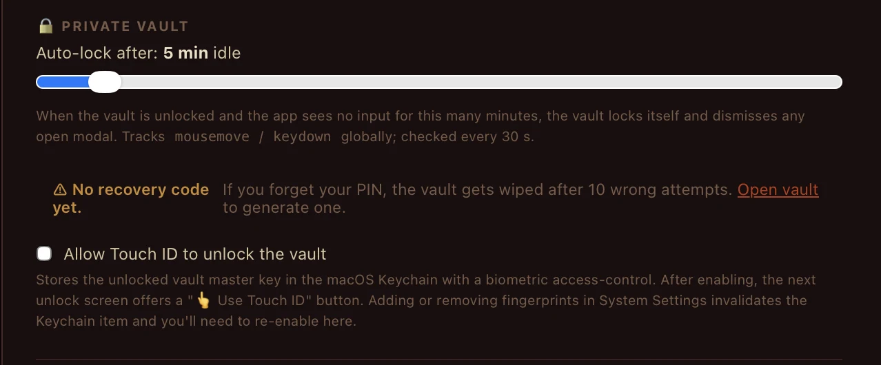 RetinaTag's Vault settings panel — auto-lock slider set to 5 min idle, recovery code warning, Touch ID checkbox