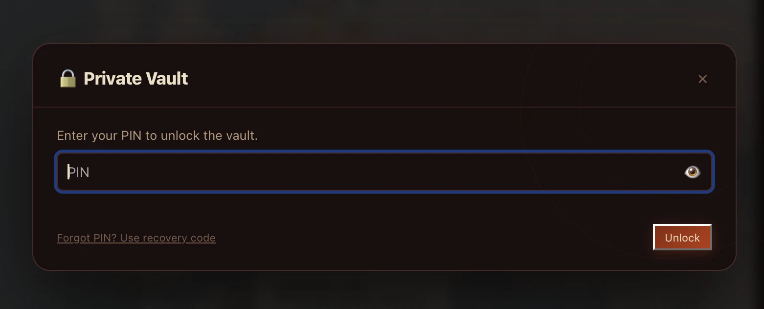 RetinaTag's Private Vault unlock dialog — PIN entry field with hidden text, Forgot PIN recovery option, copper Unlock button