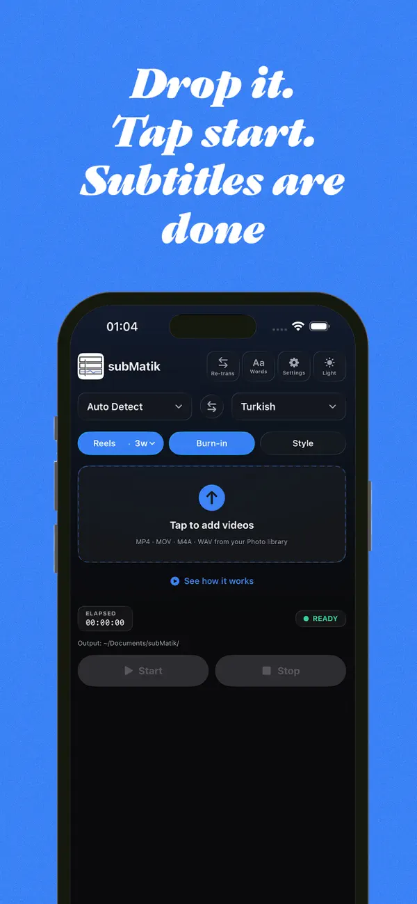 subMatik iOS — drop a video, tap start, subtitles are done