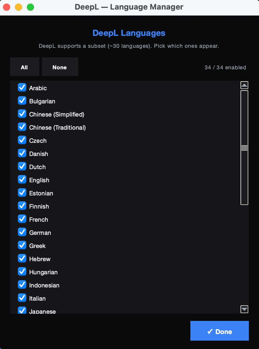 subMatik DeepL Languages manager — 34 / 34 enabled, with All / None toggles