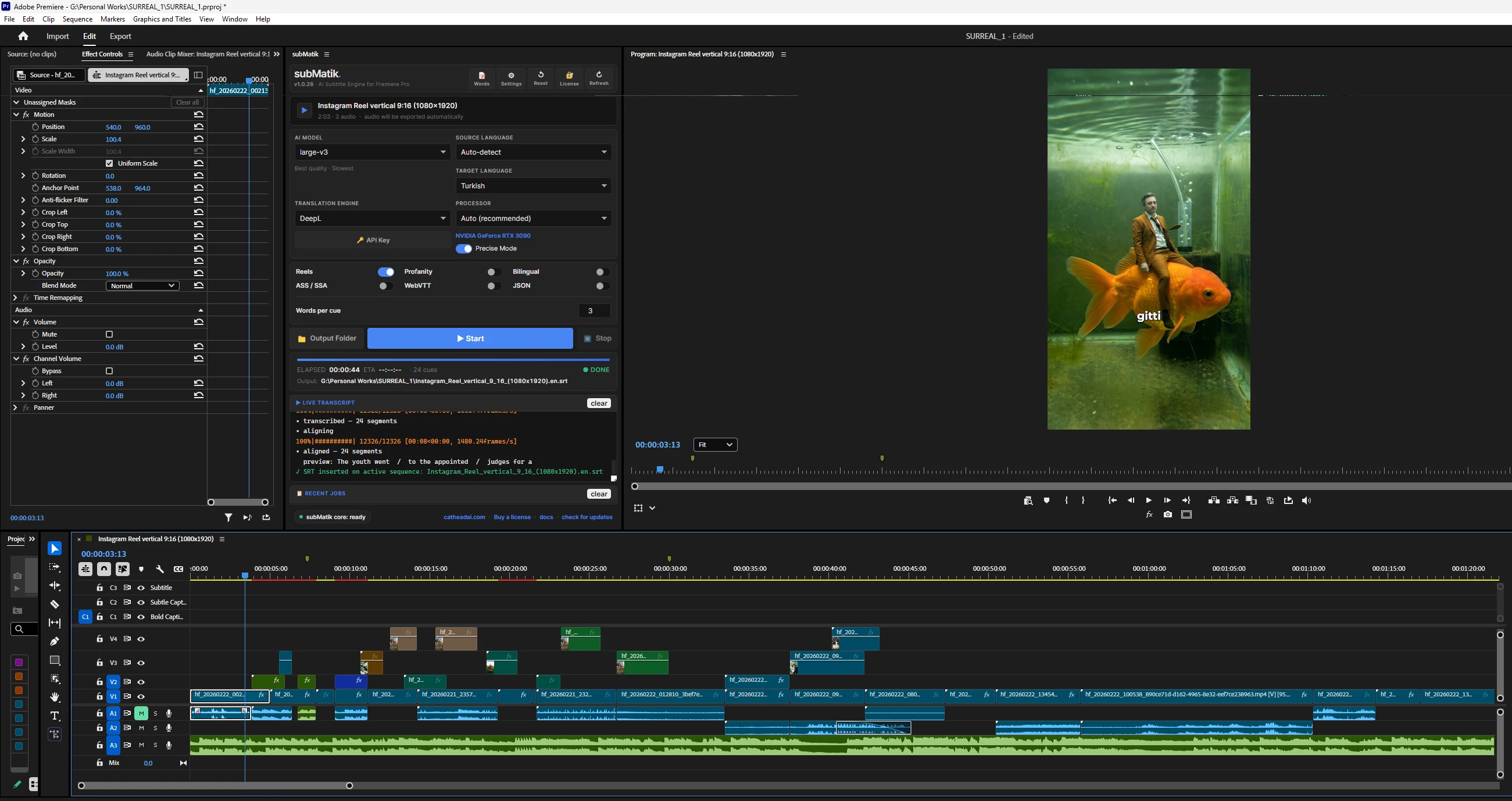 subMatik panel docked inside Adobe Premiere Pro — DeepL engine, Turkish target, RTX 3090, with subtitles already on the active timeline