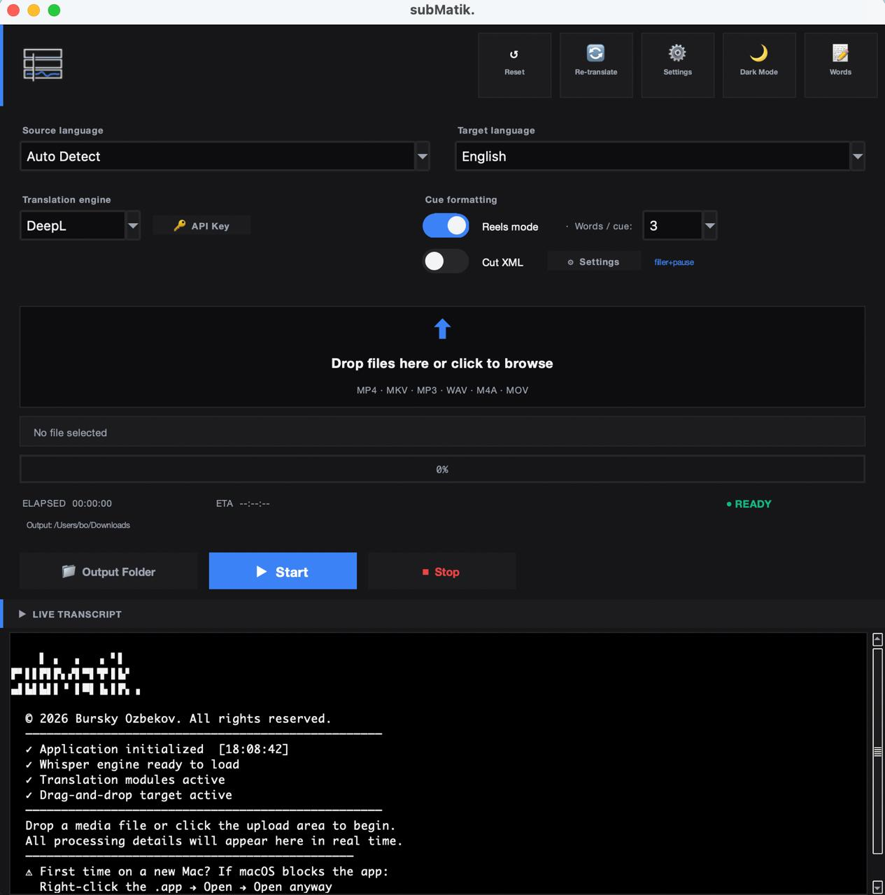 subMatik Mac standalone — DeepL engine, Reels mode on, drop zone, live transcript